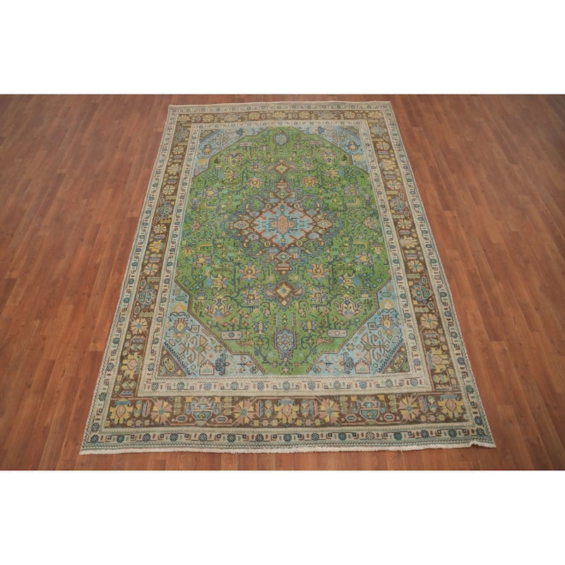 Hand Knotted Oriental 100% Wool Carpet Traditional Floral Green Tabriz Area Rug - 9' 5'' X 6' 4''