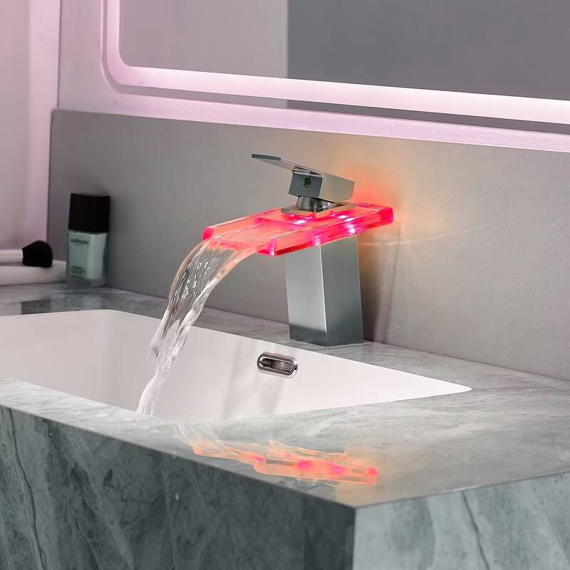 Single Handle Glass LED Waterfall Bathroom Sink Faucet - 7-in H