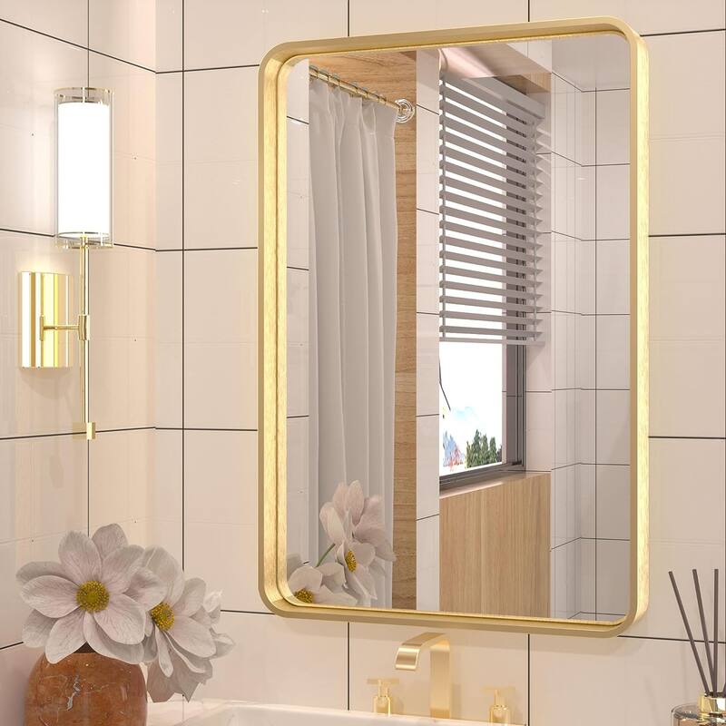 TETOTE Modern Bathroom Vanity Mirror Metal Frame Wall Mounted - 16x24 - Gold