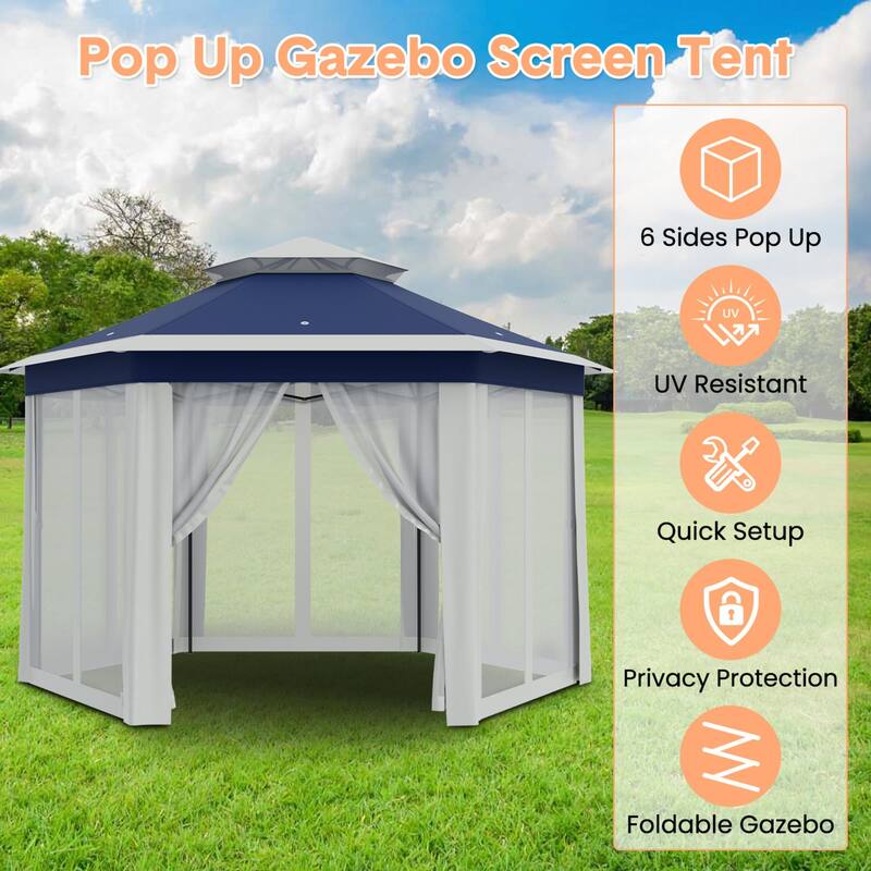 Pop Up Gazebo, Hexagonal Canopy Shelter with 6 Zippered Mesh Netting, Event Tent with Strong Steel Frame