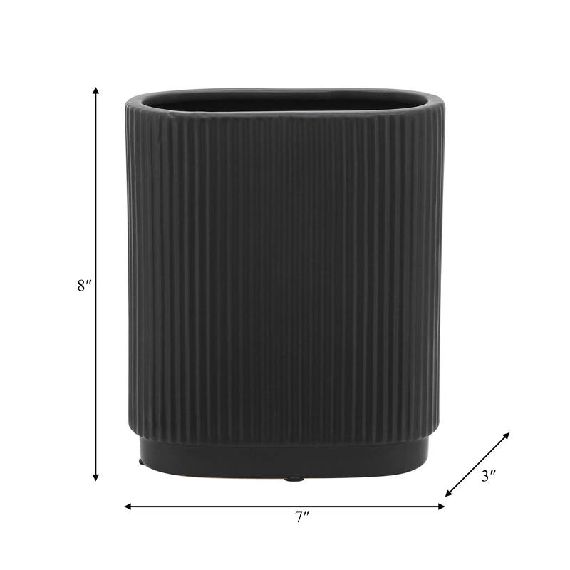 Ceramic Modern Ridged Decorative Vase - Black, 8"