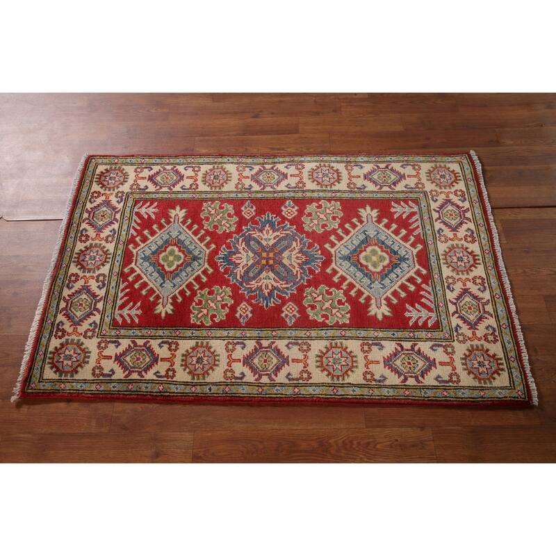 Geometric Red Kazak Accent Rug Handmade Wool Carpet - 2'8" x 4'1"