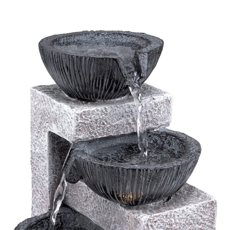 Alpine Corporation 14" Tall Cascading Tabletop Bowl Fountain Decoration with LED Lights, Gray