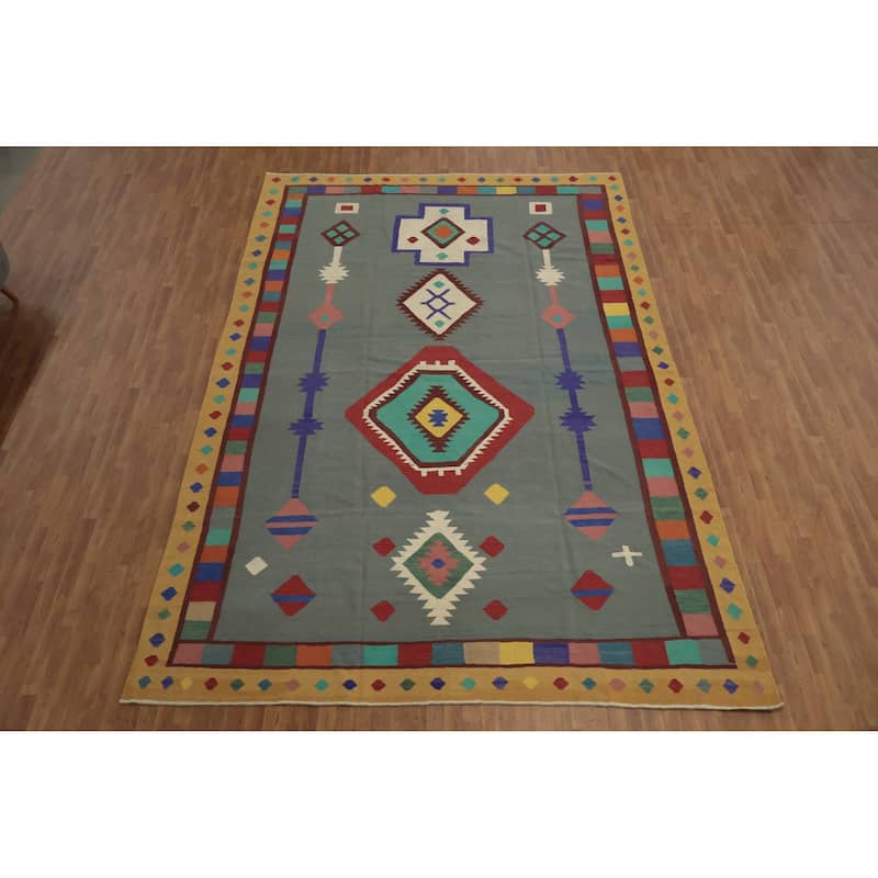 Hand Woven Oriental 100% Wool Carpet Southwestern Tribal Greys & Charcoal Kilim Area Rug - 14' 8'' X 9' 9''