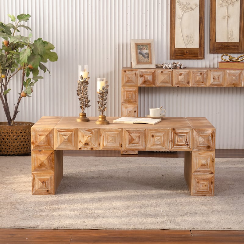 47.24" Rustic Geometric Relief Coffee Table - Solid Wood & MDF Rectangle Coffee Table with 3D Carved Details for Living Room - Natural Wood