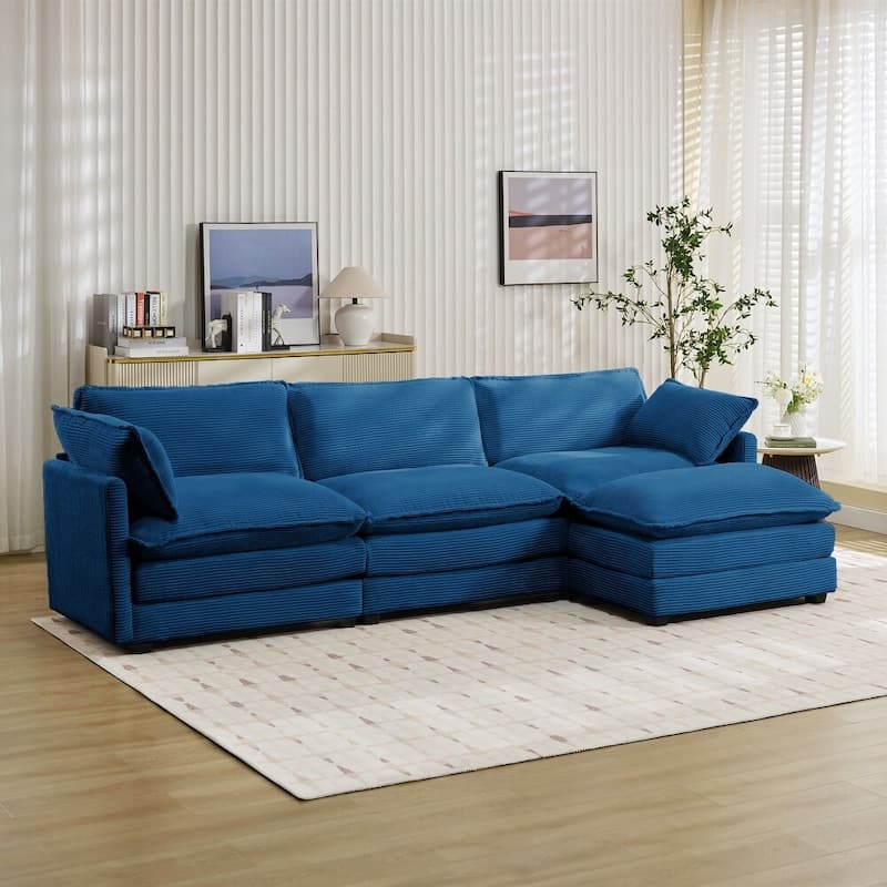 Oversized Modular Corduroy Sectional Sofa Set with Ottoman, 3-Seater / 4-Seater Deep Seat Lounge Couch for Living Room - Navy Blue-3 Seat - Reversible