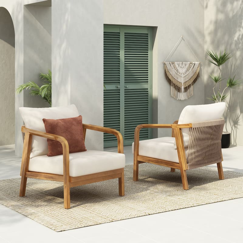 Christopher Knight Home - Elias 28" Outdoor Lounge Chair Set with Woven Backrest, Solid Wood Frame, and Plush Cushions - 2-Piece - Teak look + Beige cushion + Brown rope