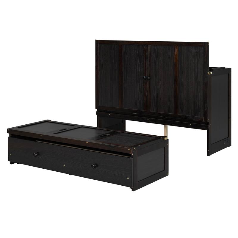 Full Size 2-in-1 Murphy Bed Cabinet with Space Saving Design with Built in USB/Power Outlets, Large Storage Drawer
