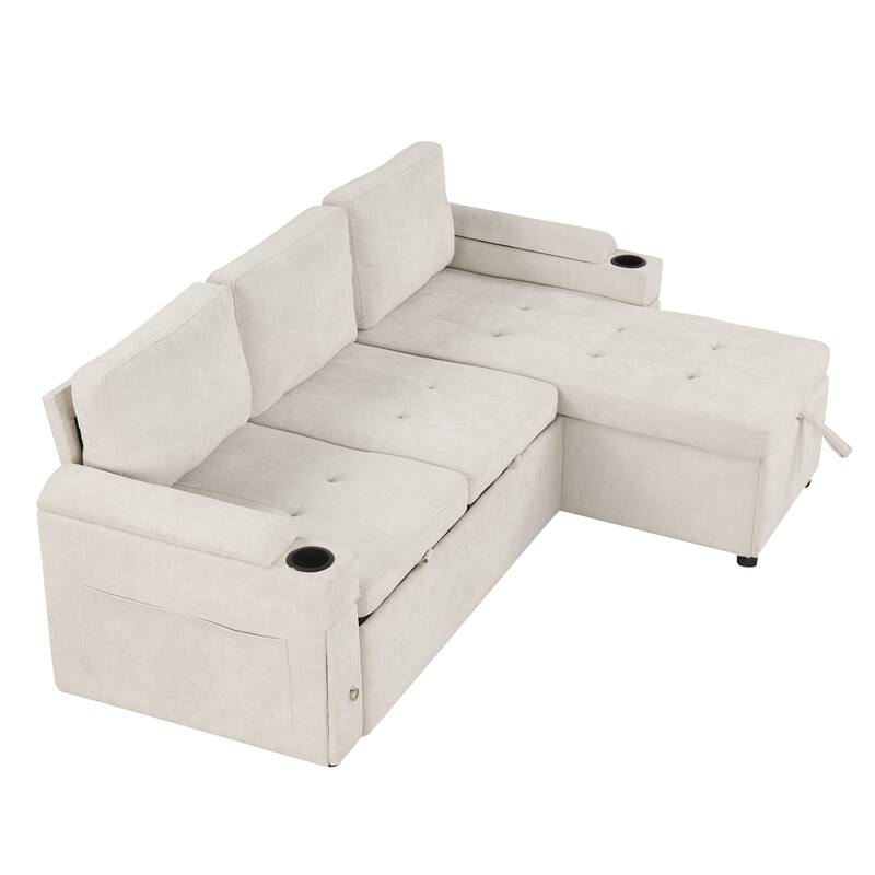 L-Shaped Convertible Sofa Bed with Reversible Chaise Lounge, Chenille Fabric Sectional Sofa with 2 Cup Holders & 2 USB Ports