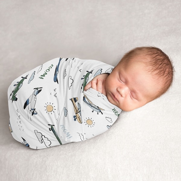 slide 2 of 6, Sweet Jojo Designs Green Vintage Airplane Boy Baby Swaddle Receiving Blanket - Transportation Clouds Sun Sky Aviator Aviation