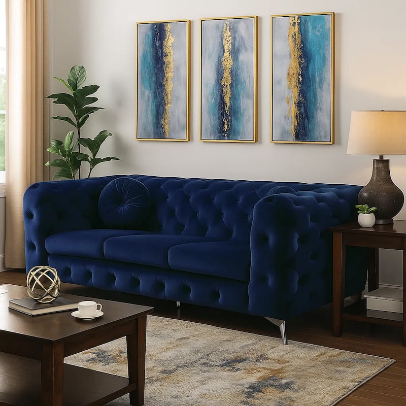 Chesterfield Design Fabric Sofa with Track Arms and Angled Metal Legs, Blue