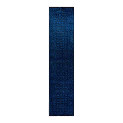 Overton Hand Knotted Wool Vintage Inspired Modern Contemporary Overdyed Blue Runner Rug - 2' 7" x 11' 10"