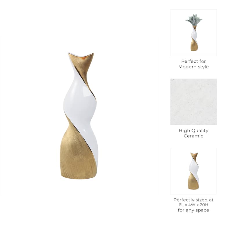 Contemporary Ceramic Twisted Vase -White and Gold Floral Vase