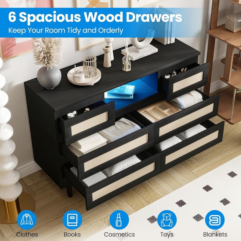 Modern Rattan 6-Drawer Dresser w/ LED Light, Deep Drawers