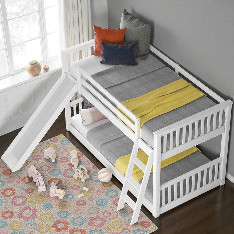Twin Over Twin / Full Over Full Wooden Bunk Bed with Convertible Slide and Ladder, Guardrails, No Box Spring Needed - White - Twin