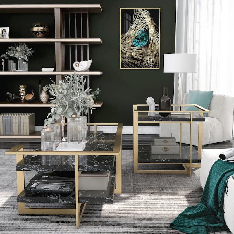 Lovell Glam Gold and Black Faux Marble 2-Piece Table Set with Shelf by Furniture of America