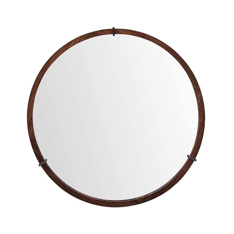 Mid-Century Modern Round Accent Mirror - Brown Walnut Wood & Veneer