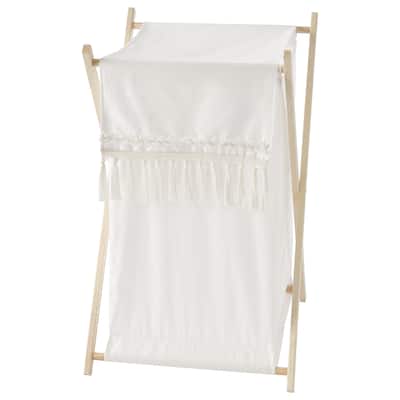 Ivory Neutral Boho Bohemian Collection Laundry Hamper - Solid Cream Off White Farmhouse Chic Minimalist Tassel Fringe Cotton