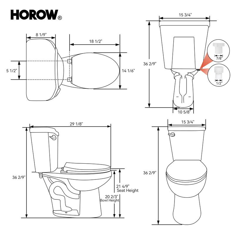 HOROW 21 Inch Extra Tall 2 Piece High Efficiency Single Flush Elongated Toilet White 1.28 GPF Strong Flush Seat Included