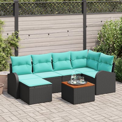 vidaXL 7 Garden Sofa Set with Cushions Black Poly Rattan - 92.1 x 48.8 x 27.2
