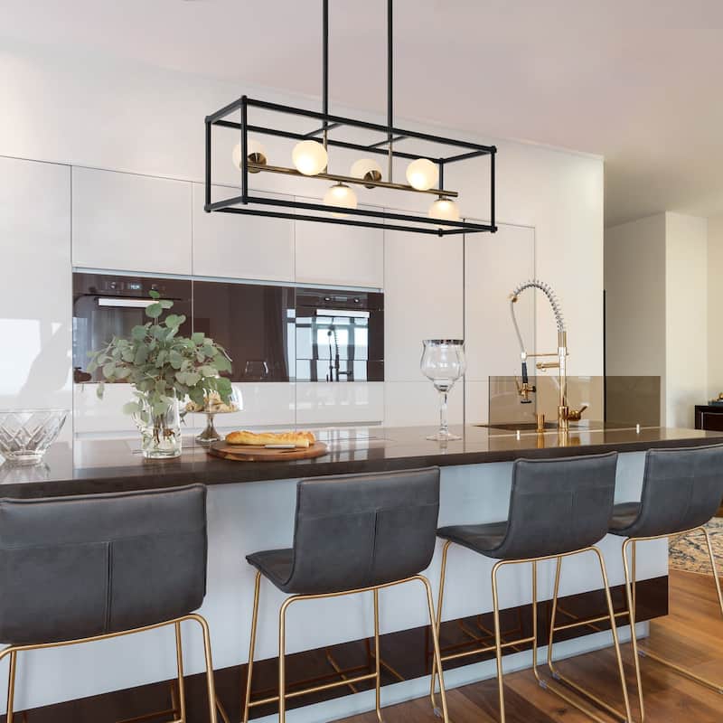 Modern LED Black Gold Chandelier 6-Light Rectangle Island Lights for Dining Room - 34" L