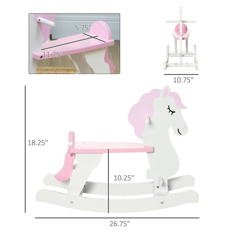 Cherry Blossom Pink Pinewood Kids Rocking Horse with Cute Creature Design - 26.75" L x 10.75" W x 18.25" H