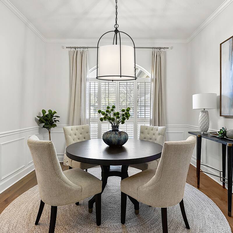 Matte Black Finish 3-Light 18 in. Cage Chandelier with White Fabric Shade