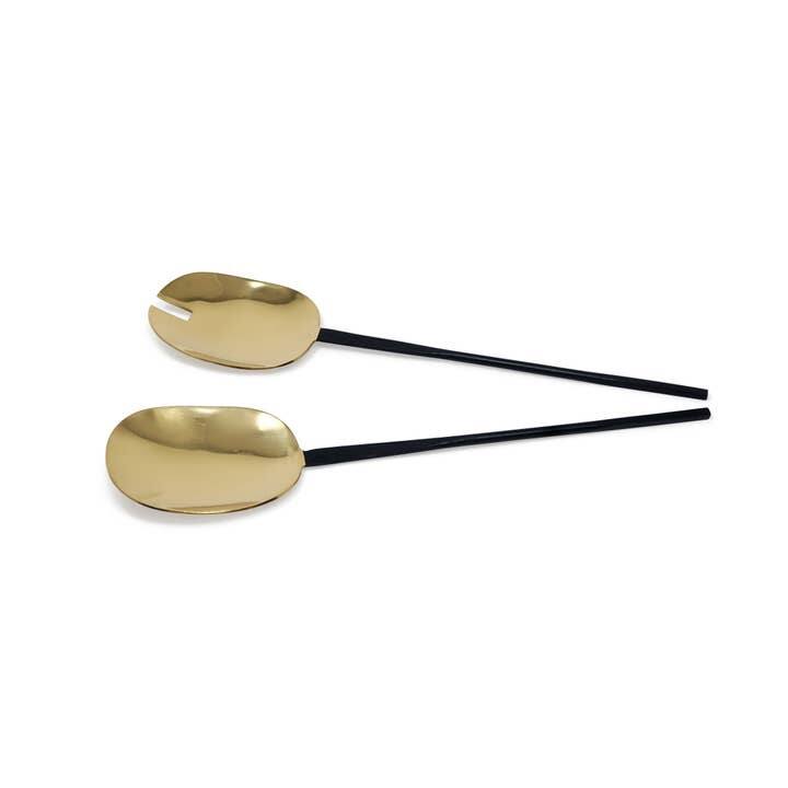Gold Salad Servers with Black Handles S/2