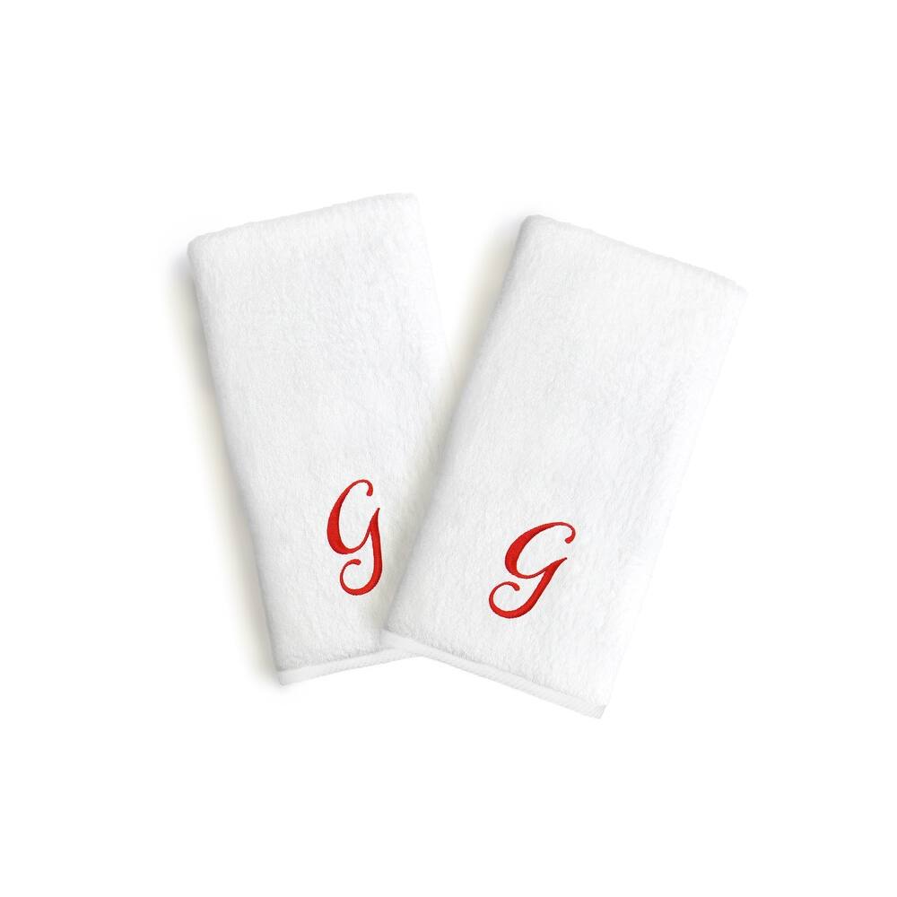 Authentic Hotel and Spa 2-piece White Turkish Cotton Hand Towels with Holiday Red Script Monogrammed Initial