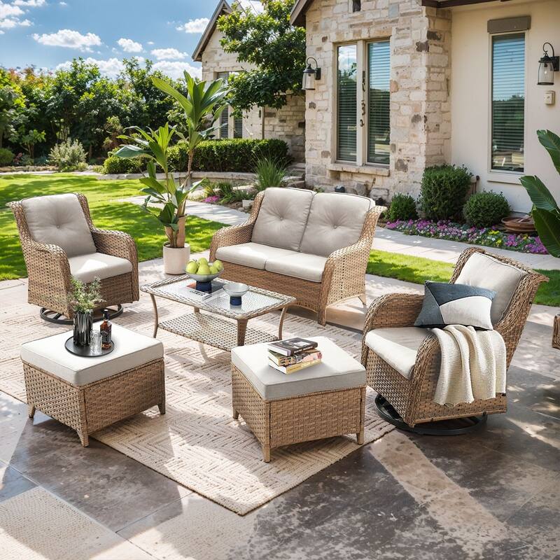 Pocassy Outdoor 4 Inch Sofa Swivel Chairs Table Ottoman - Yellow Wicker Beige Cushion - 6 Pieces 2-Seat Sofa Swivel Chair Table Ottoman
