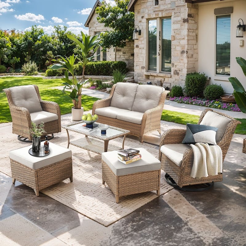 Pocassy Outdoor 6 Pieces 2-Seat Sofa Swivel Chairs Table Ottoman - Beige cushion - Yelllow Wicker