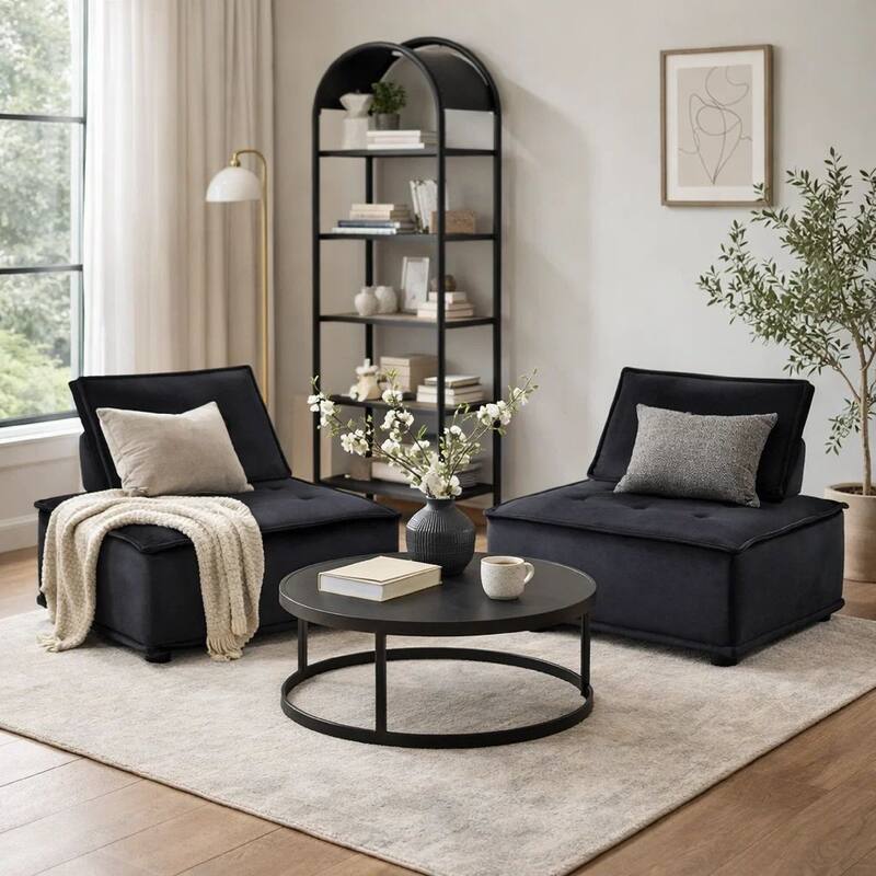 Nob 40 Inch Armless Lounge Chair, Set of 2, Tufted Seats, Black Velvet