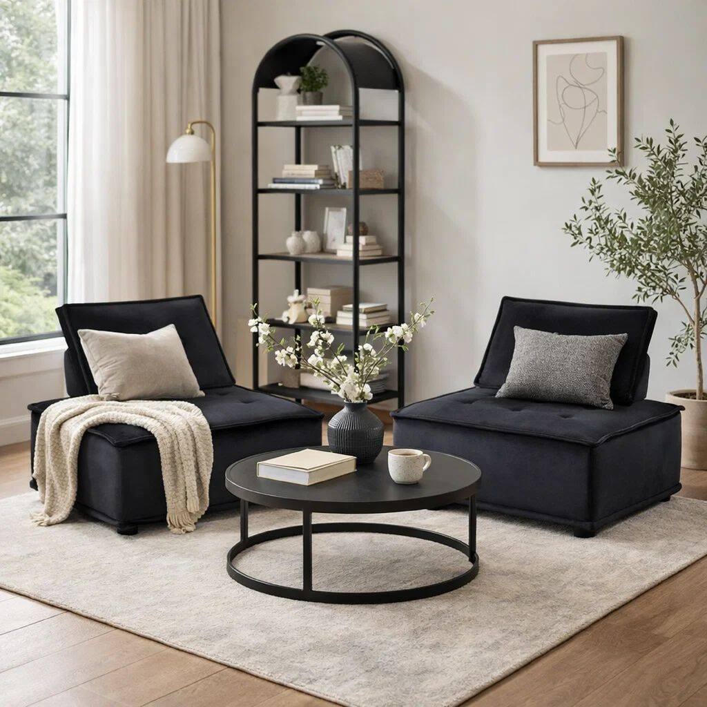 Nob 40 Inch Armless Lounge Chair, Set of 2, Tufted Seats, Black Velvet