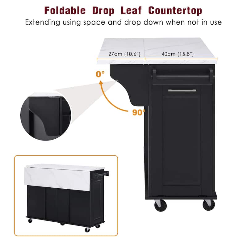 Vintage Rolling Kitchen Cart and Island with Drop Leaf, Tilt Trash Can Cabinet, 2 Drawers and 2-tier Pull-out Storage Organizer