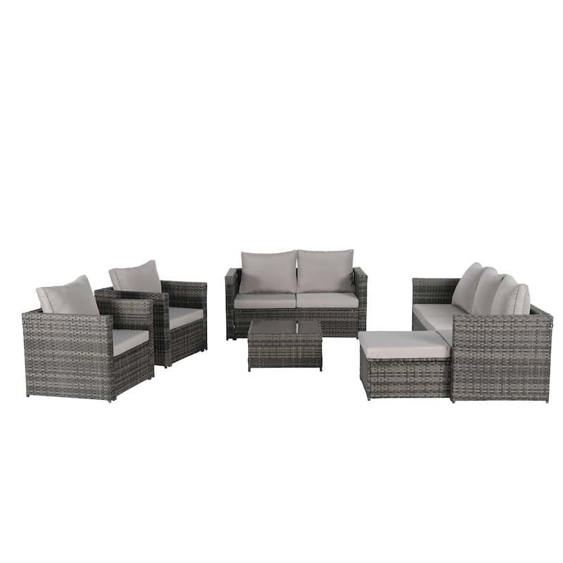 6-Piece Outdoor Patio Rattan Conversation Sectional Sofa Set with Tempered Glass Coffee Table and 2 Armchair