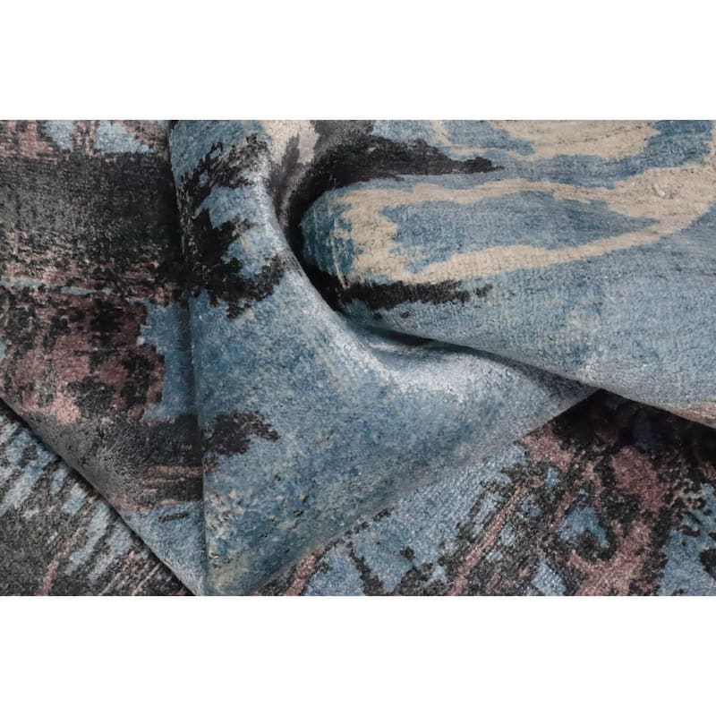 Hand Knotted Oriental Viscose Silk Carpet Modern Pictorial Navy Blue & Blues Abstract Area Rug - 6' 4'' X 4' 8''