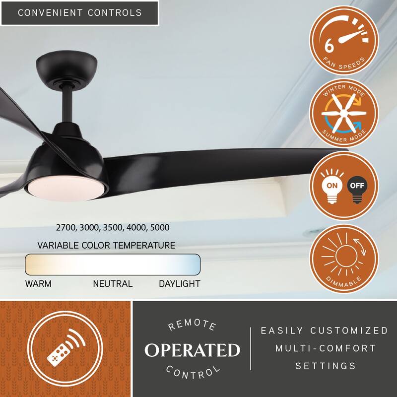 VAXCEL Crest Hill 56 in. Matte Black Indoor Ceiling Fan, Dimmable Integrated LED Light Kit, Remote Control, DC Motor