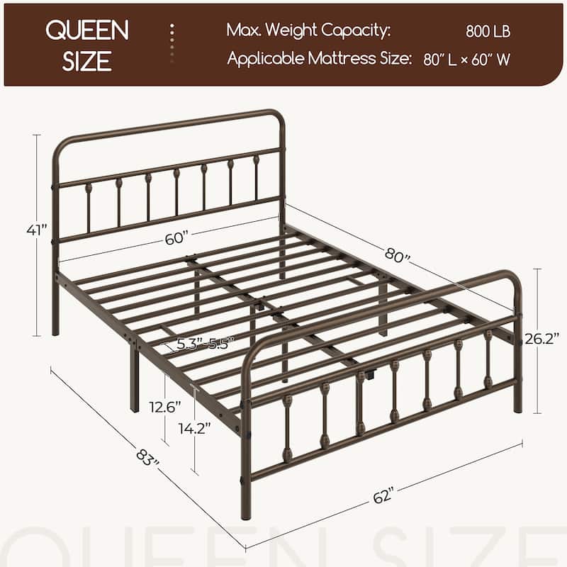 Yaheetech Classic Iron Platform Bed with High Headboard and Footboard Strong Metal-Framed Bed