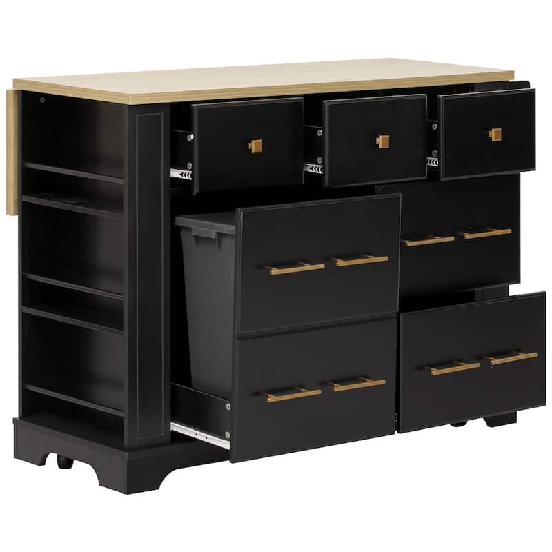 Kitchen Island with 6 Drawers, Pull Out Trash Can Storage, with Drop Leaf, Power Outlet, 5 Open Side Racks
