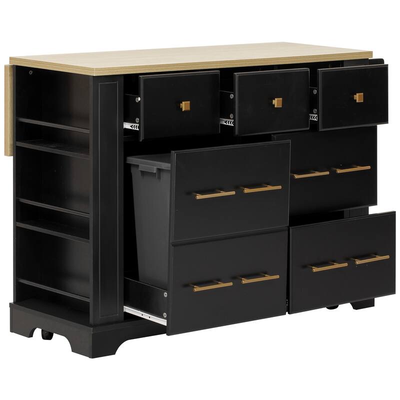 Modern Kitchen Island with Folding Board, 6 Drawers, Pull-Out Trash Can, Power Socket and 5 Open Side Shelves, for Kitchen