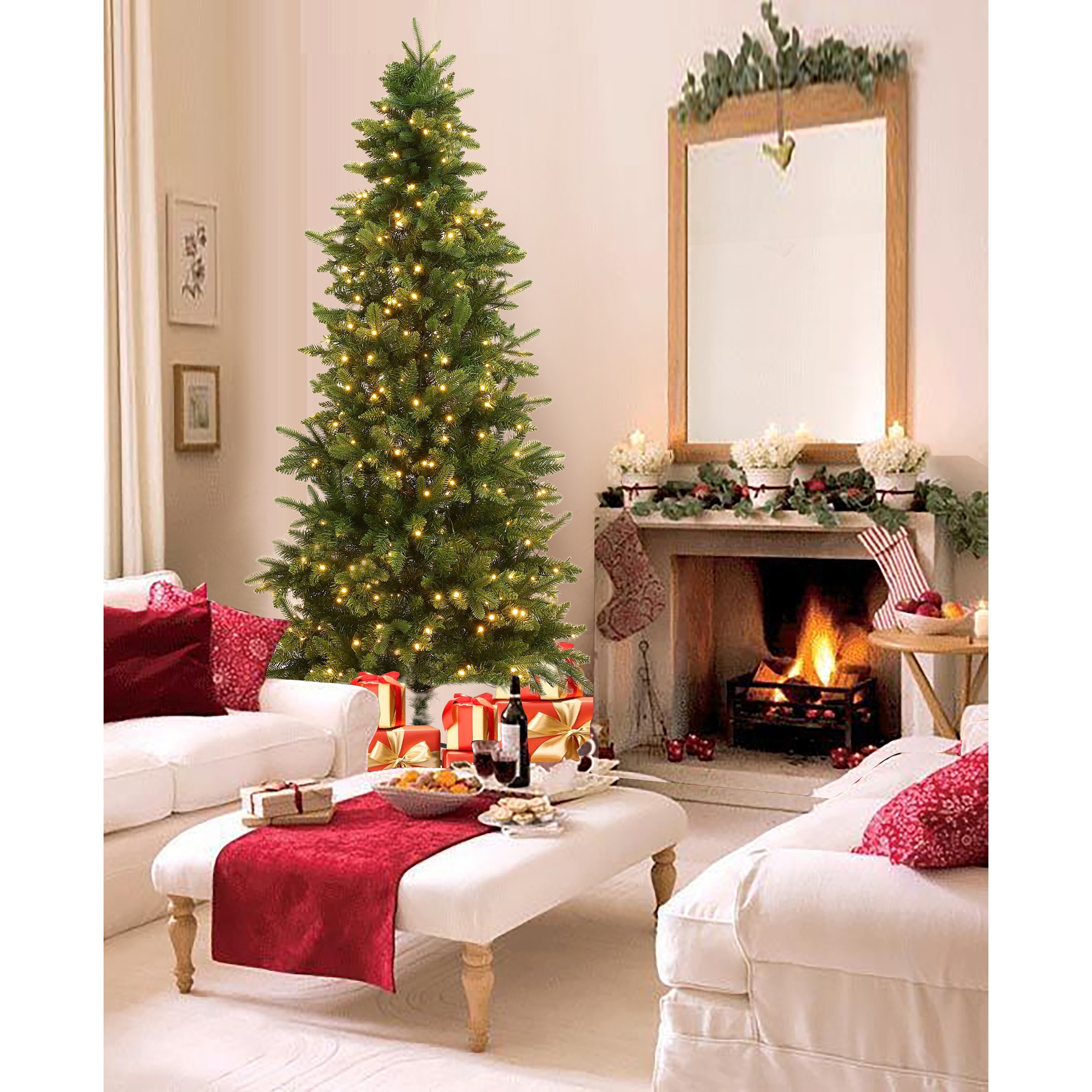 7Ft Pre Lit LED Artificial Slim Pine Christmas Tree On Sale
