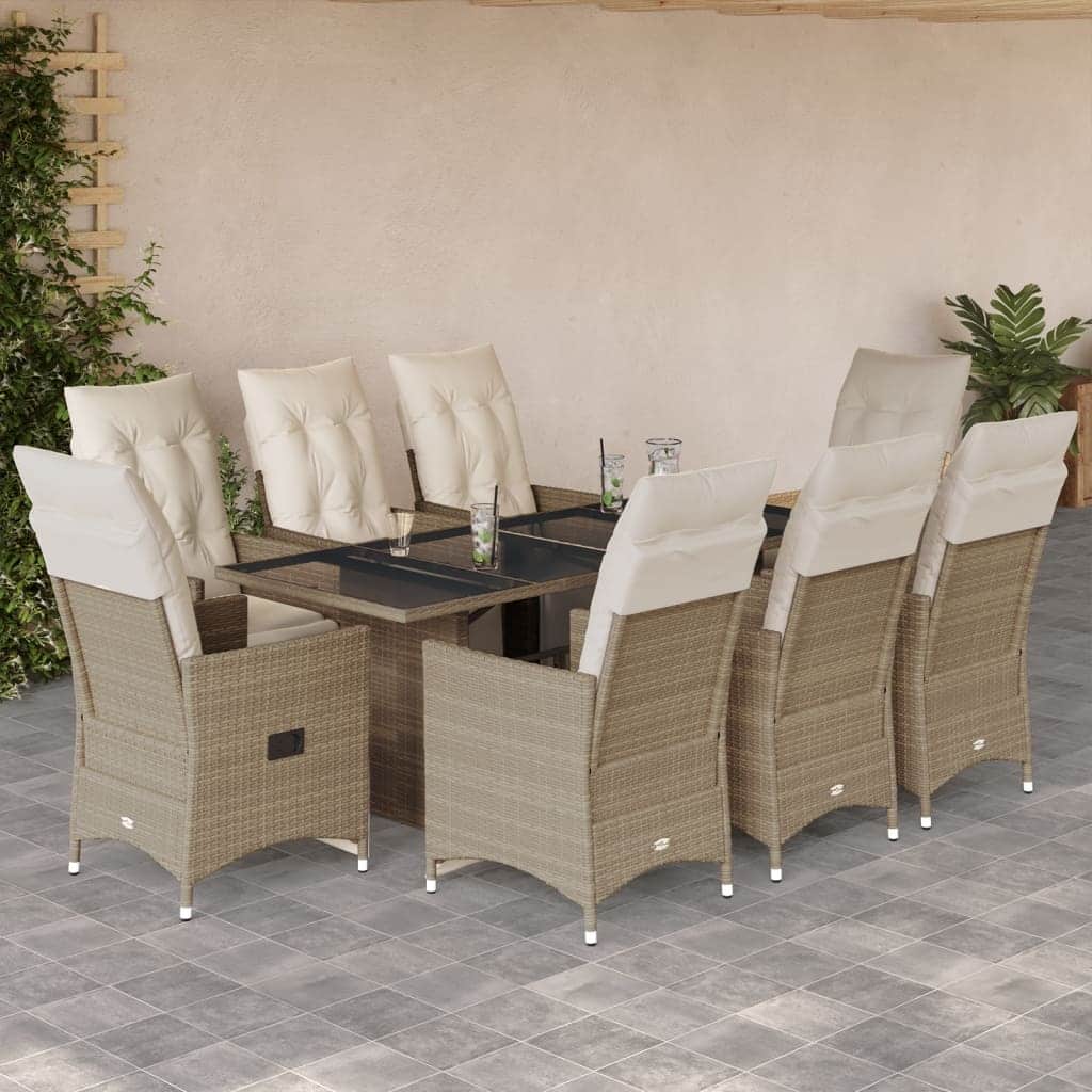 vidaXL 9 Piece Patio Bistro Set with Cushions Beige Poly Rattan - 23.2x43.3x22