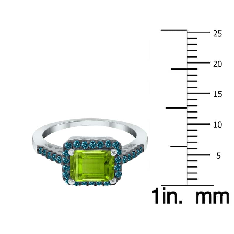 Marquee Jewels 2 1/2 Carat Emerald Cut Peridot and 1/3 CTW Blue Diamond Ring in 10K White Gold