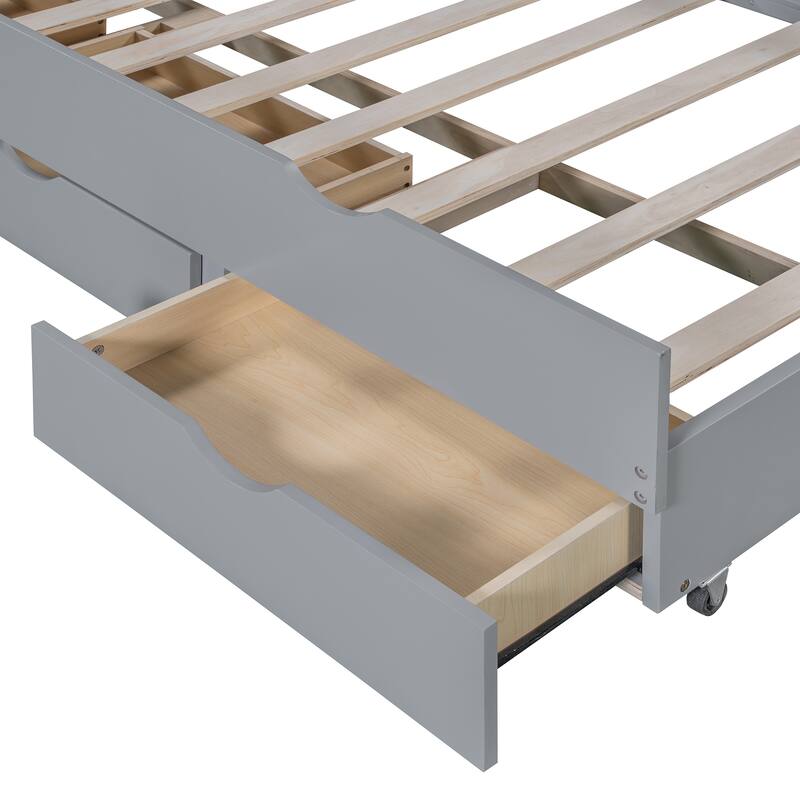 Wooden Platform Bed with Pull Out Trundle Bed and Drawers, All-in-One LED Headboard with Charging Station and Flip Up Storage