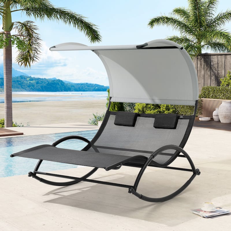 Outdoor Double Sun Bed Chaise Lounge Chair Rocking Bed with Sun Shade & Wheels - 54.5" W x 67.3" D x 65.7" H