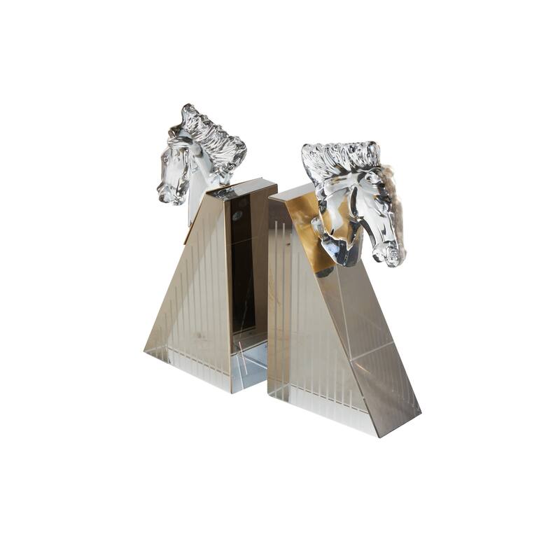 Glass Horse Head Bookends with Pyramid Bases - Set of 2 Clear - Roche River Decor