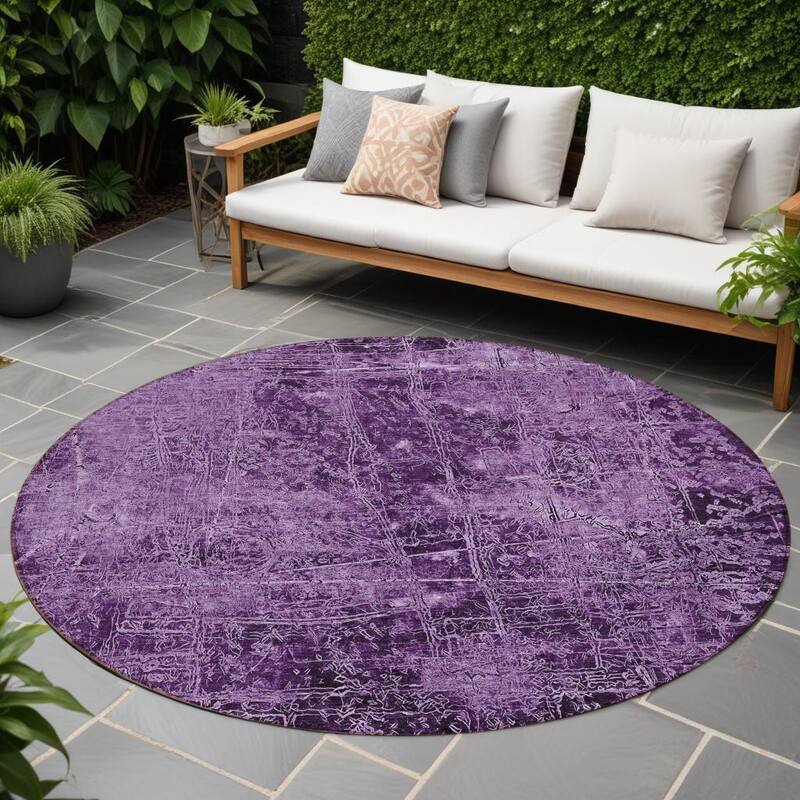 Almisi Artistic Abstract Weather Resistant Blended Style Outdoor Rug - 8' Round - Purple