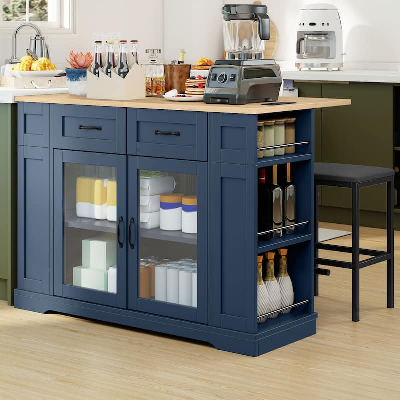 47 Inch Mobile Kitchen Island with 2 Seating Spaces Rolling Cart and Built-in Power Outlet for Convenient Storage and Dining