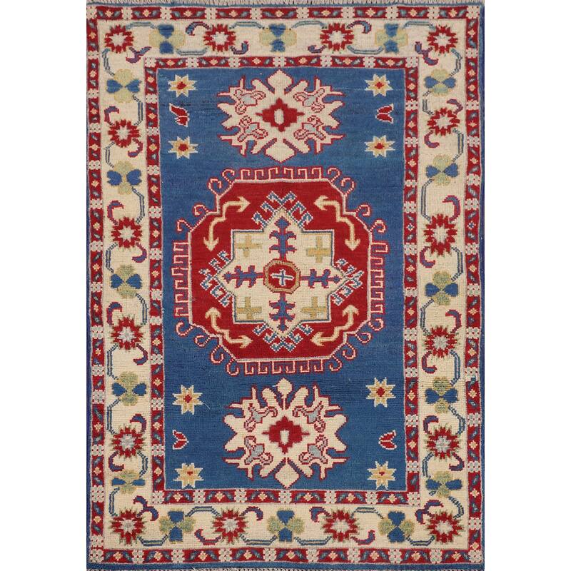 Geometric Kazak Foyer Rug Hand-Knotted Traditional Blue Wool Carpet - 2'7" x 3'11"