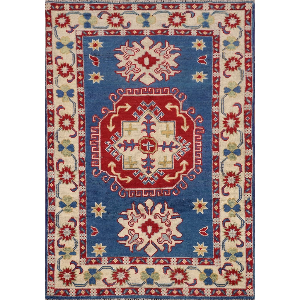 Geometric Kazak Foyer Rug Hand-Knotted Traditional Blue Wool Carpet - 2'7" x 3'11"